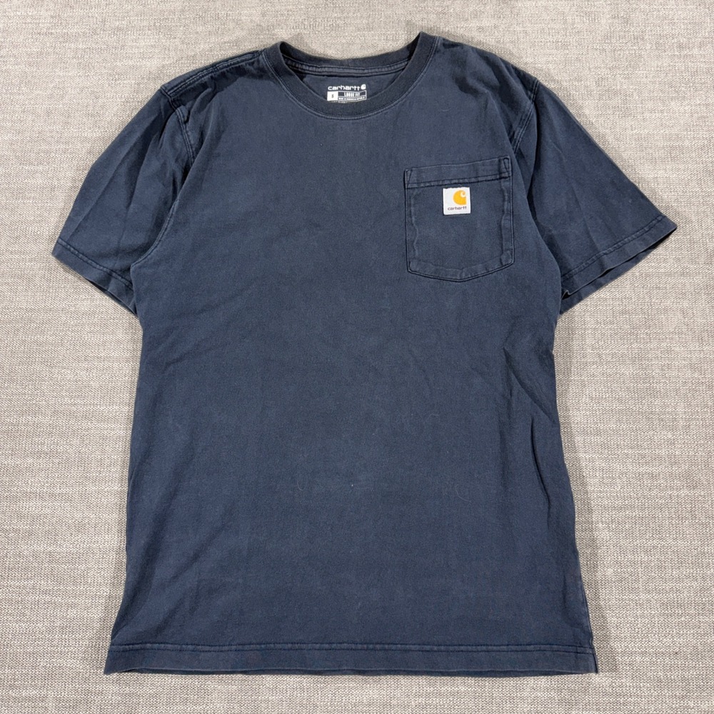 Carhartt Pocket T-Shirt Mens Small Navy Blue Good Loose Fit Short Sleeve Logo